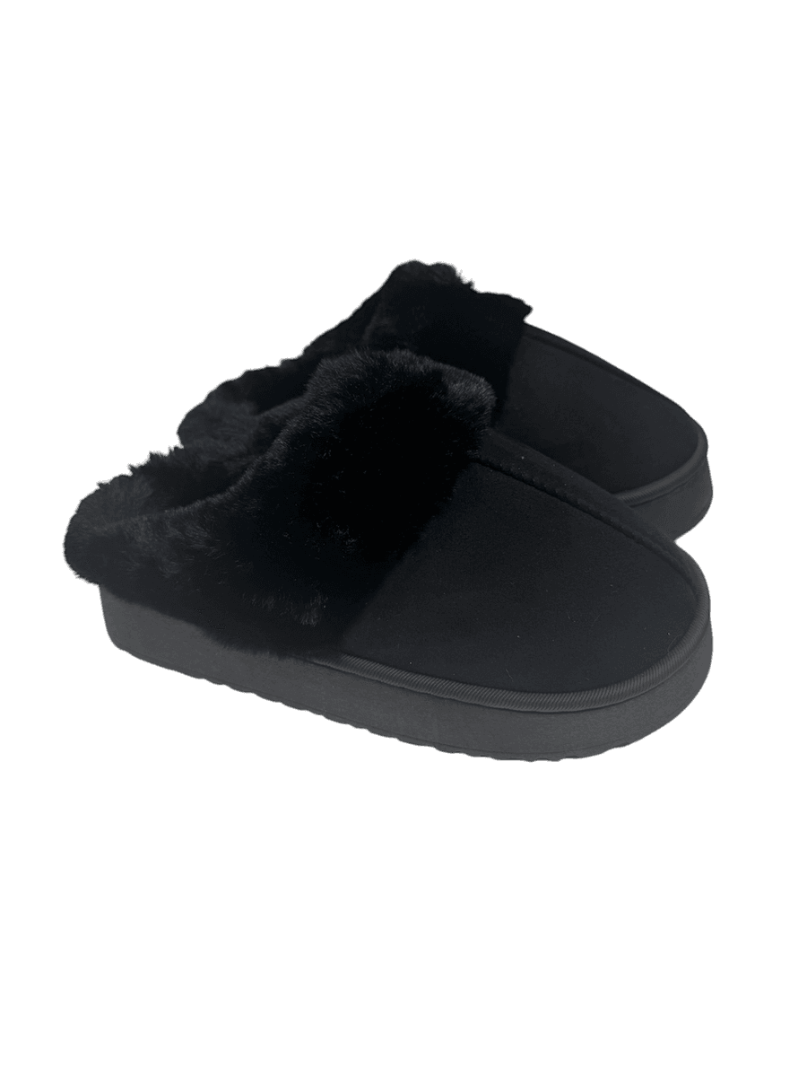 Tøffel med fuskepels og tykk såle, sort, str 40-41